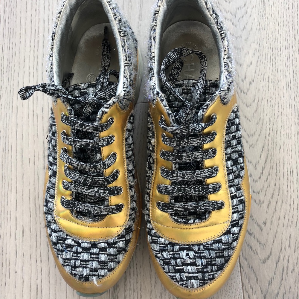 Chanel 14k Gold Tweed Sneakers Size 38.5